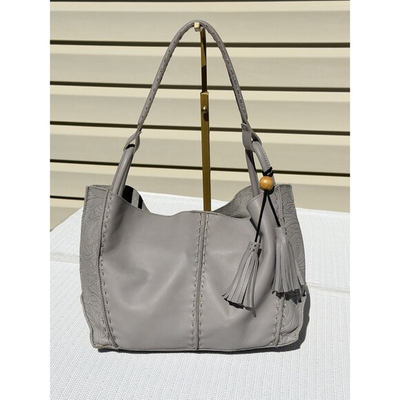 The Sak Handbags - The Sak Los Feliz Medium Leather Shoulder Bag Gray Tooled Floral Tassel Boho